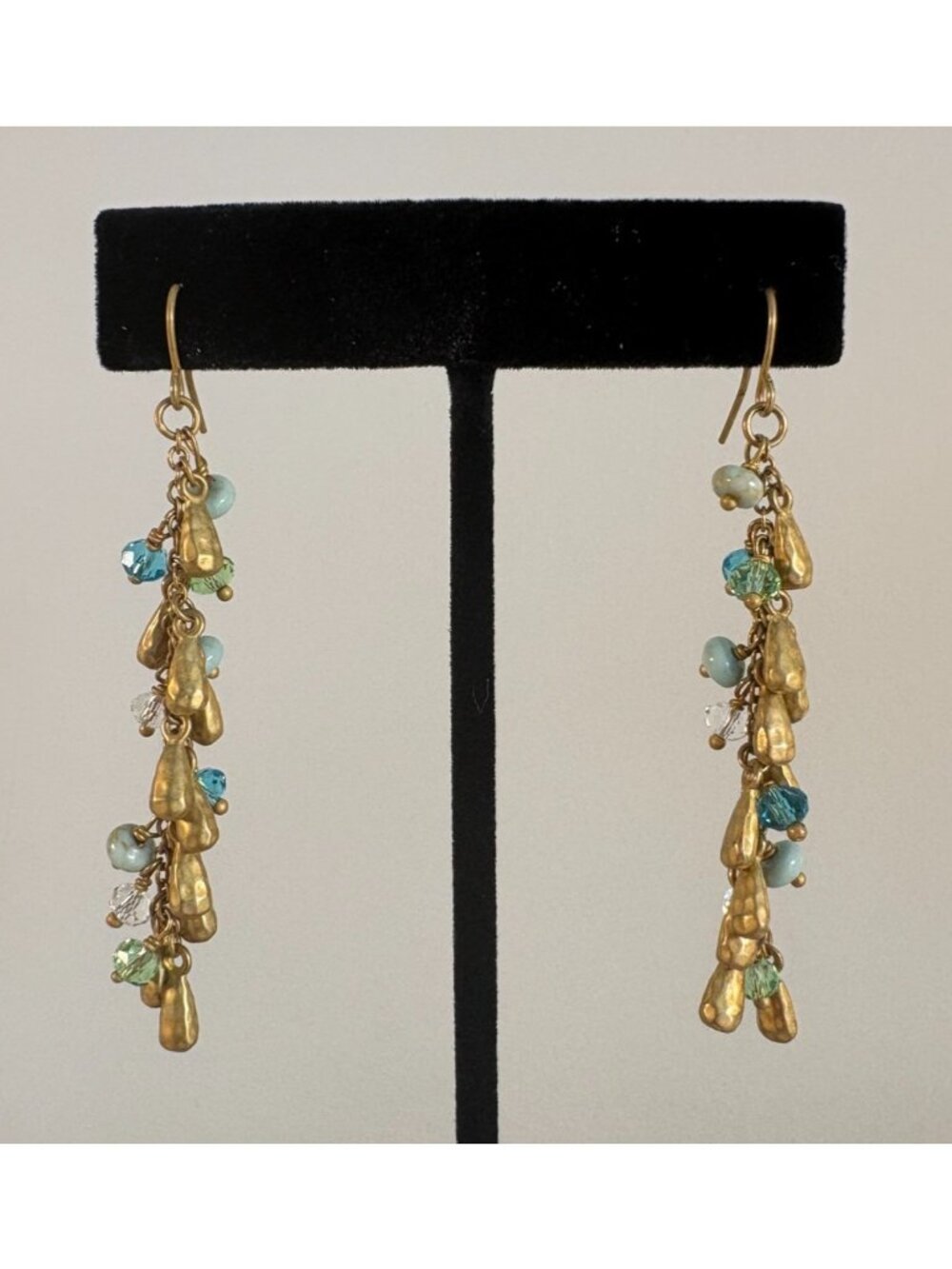 Artisan Gold Tone Cluster Dangle Earrings Aqua Blue Green Crystal Boho Chic